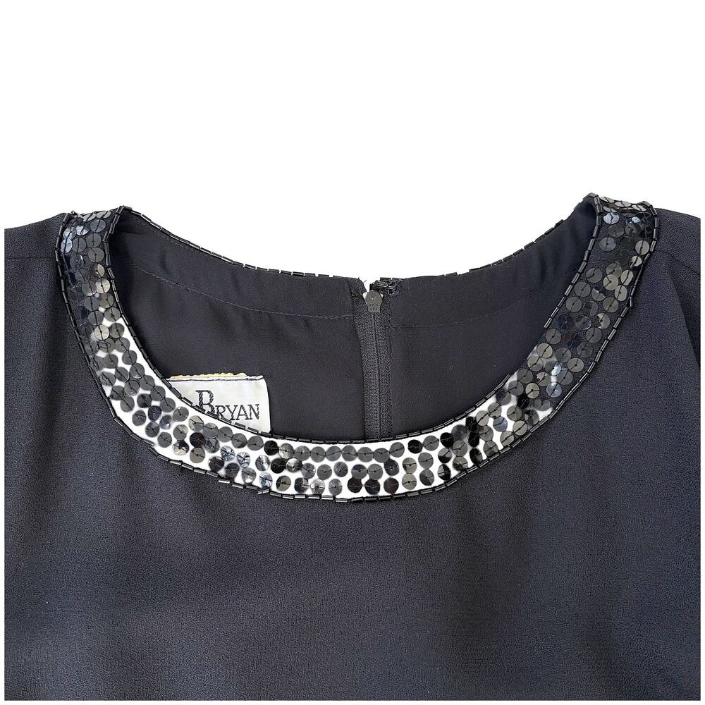 Vintage Beaded Sequin Cocktail Dress L Black Floral Sleeve Evening Glam Party - Picture 4 of 15